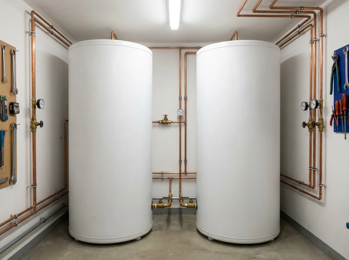 Commercial hot water storage tanks with copper piping in a hotel boiler room