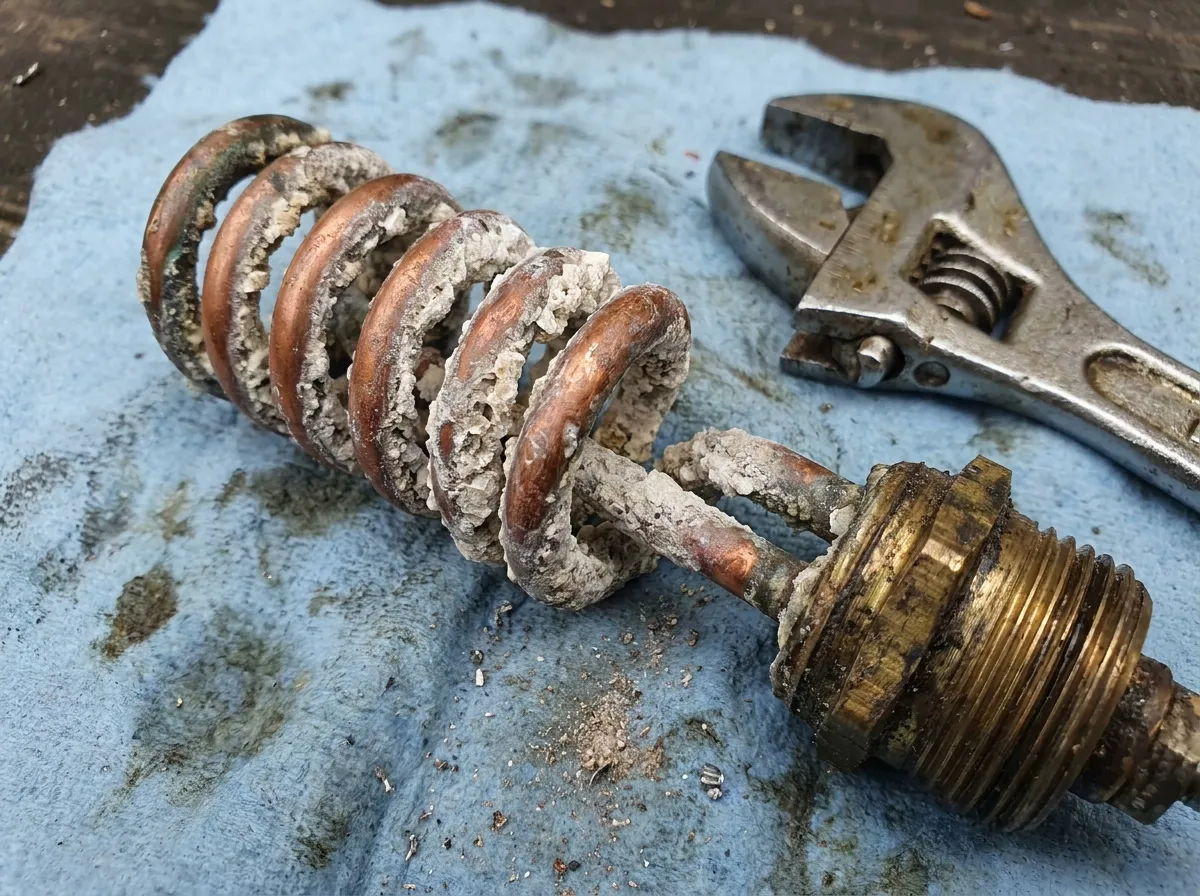 Heating element covered in limescale removed from a water heater in Bali